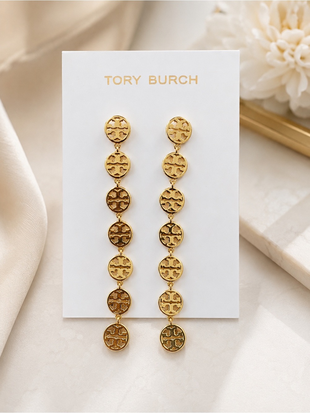 Tory Burch Gold Logo Drop Earrings - Long Chain Disc Design